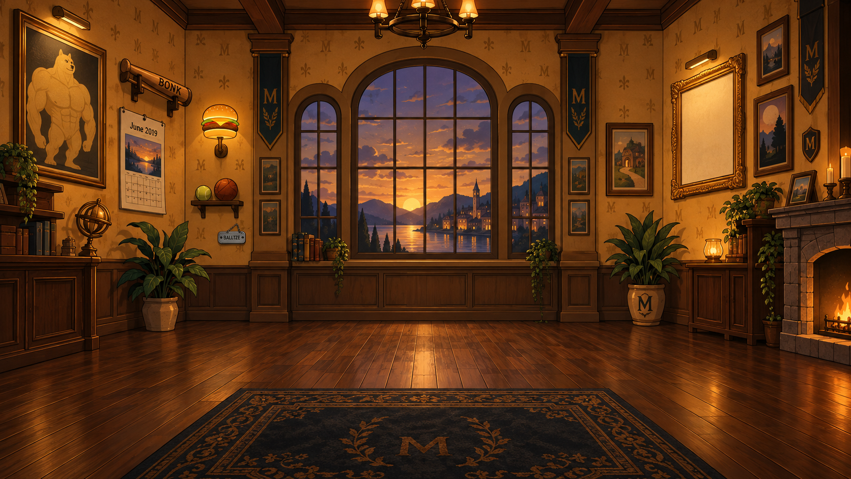 A warm, wood-paneled Cheems study at sunset