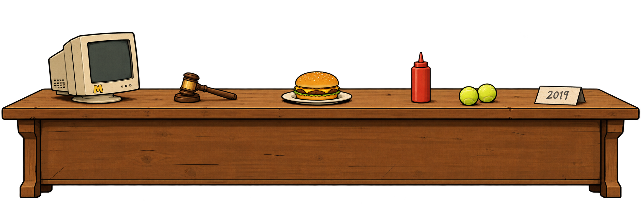 A wooden desk with a retro computer, a gavel, a burger, ketchup, tennis balls, and a 2019 desk calendar
